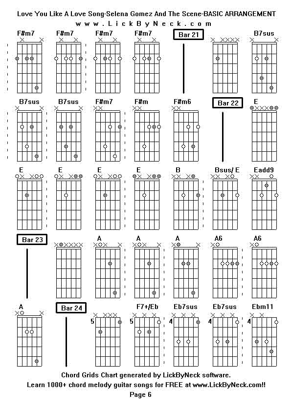 Chord Grids Chart of chord melody fingerstyle guitar song-Love You Like A Love Song-Selena Gomez And The Scene-BASIC ARRANGEMENT,generated by LickByNeck software.